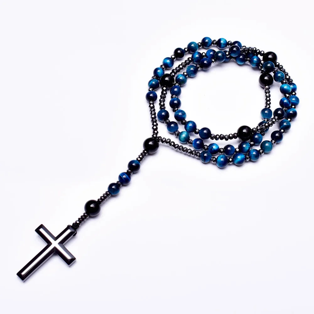 Collar Rosario - Piedras Naturales (Ojo de Tigre, Ónix y Hematita)