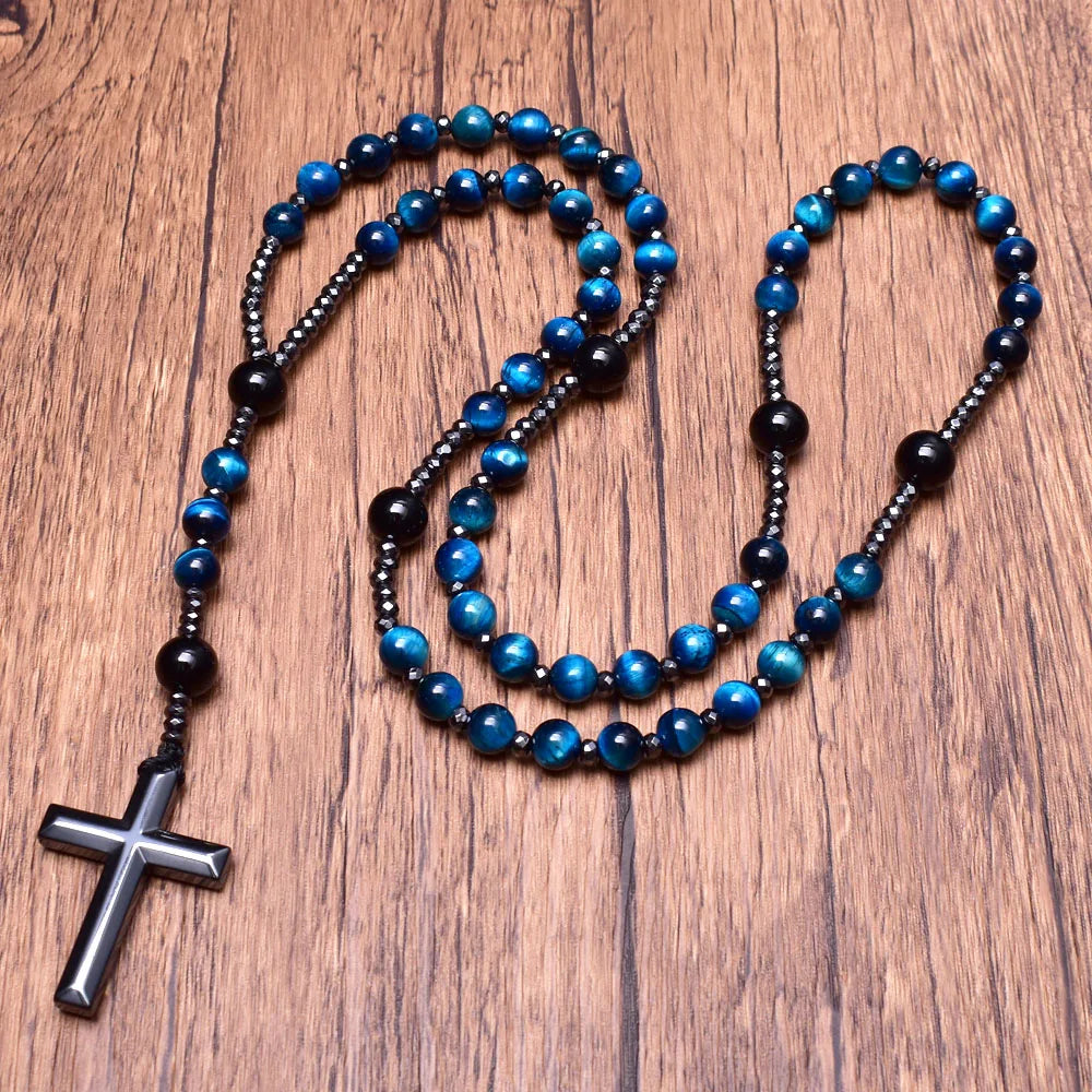 Collar Rosario - Piedras Naturales (Ojo de Tigre, Ónix y Hematita)
