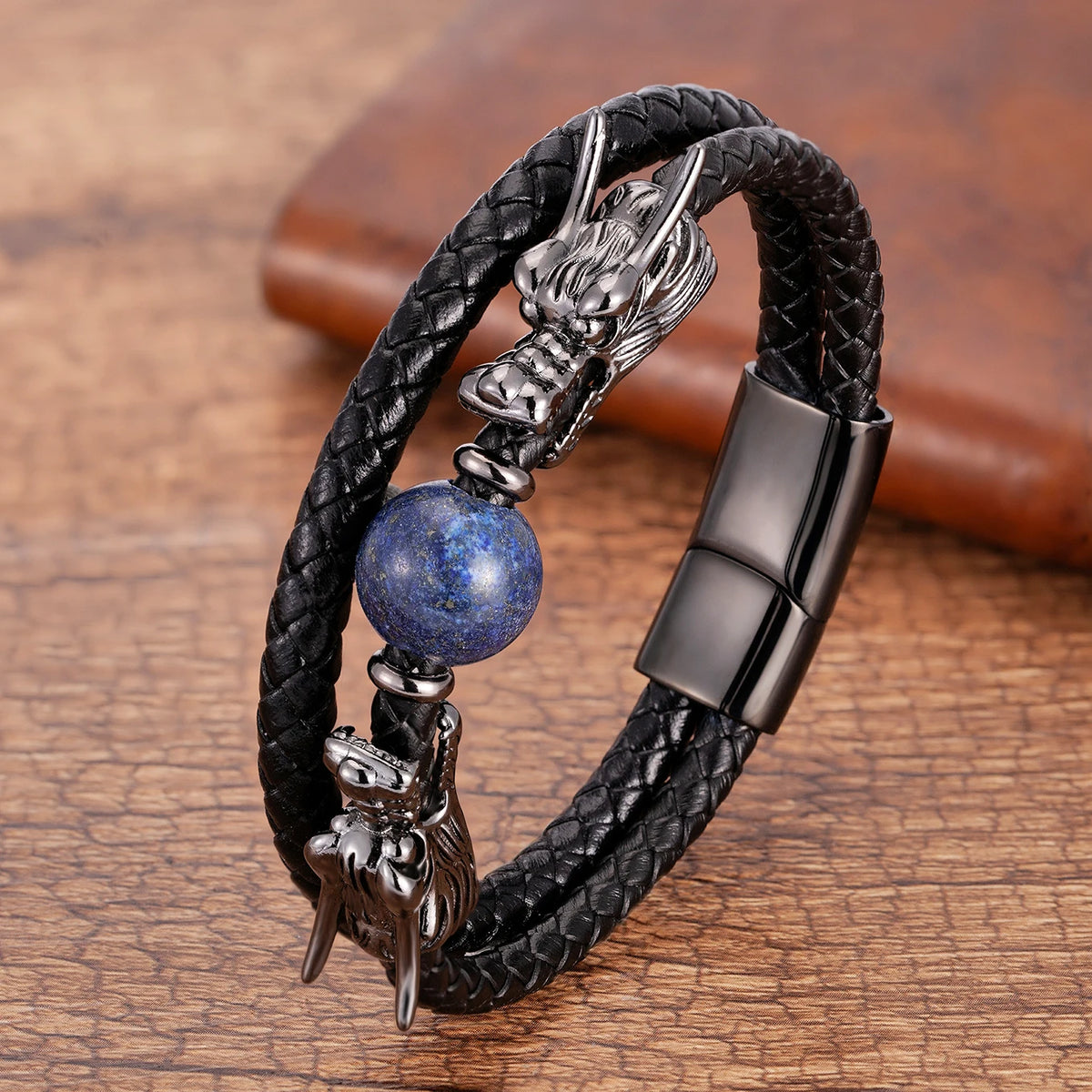 Pulsera Dragón - Acero inoxidable, Cuero y Piedra Natural