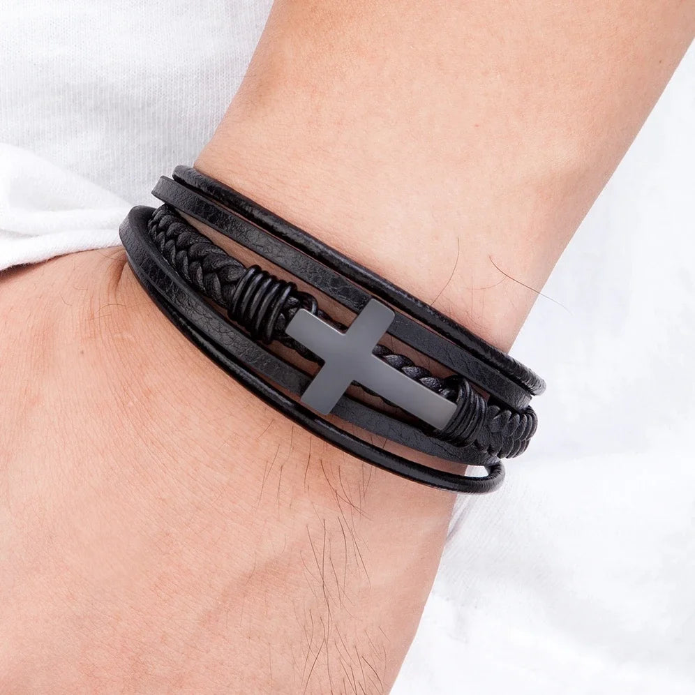Pulsera Cruz - Cuero y Acero
